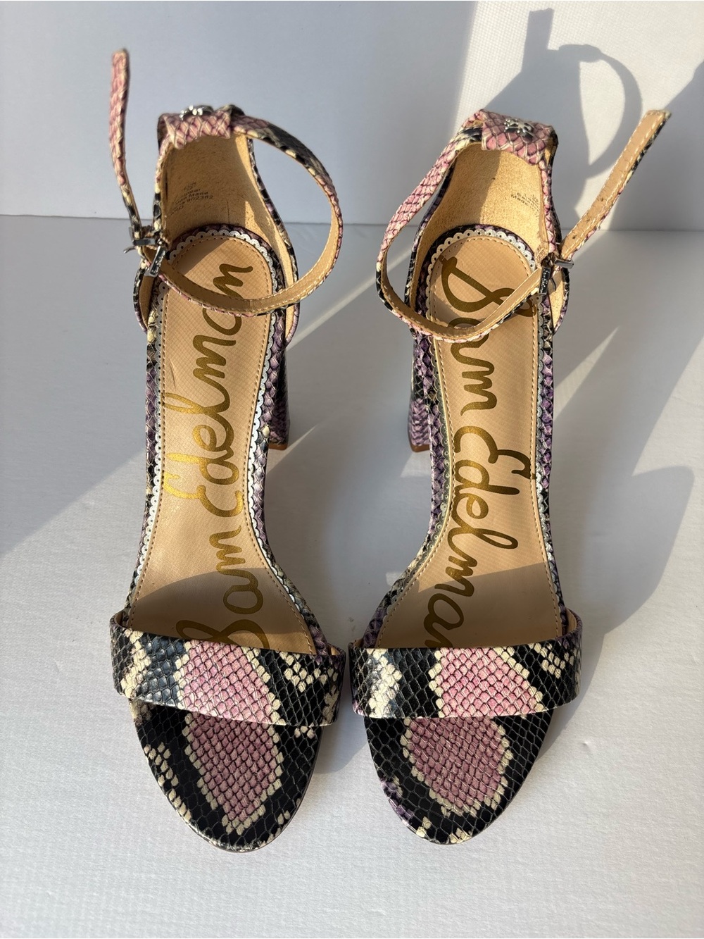 Sam Edelman Pink and Black Snakeskin Ankle-Strap Heels
